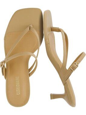 Women's Tan Sandals Comfortable Buckle Strappy Madrid Kitten Heel Square Toe